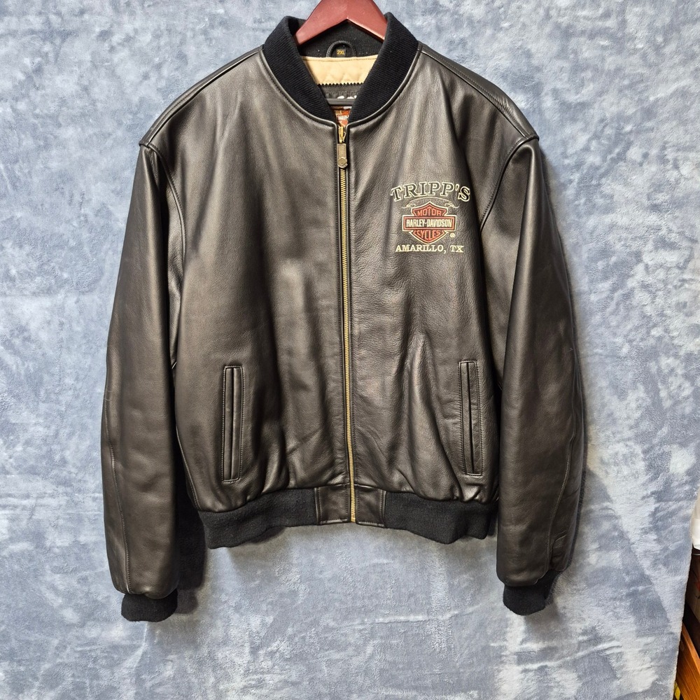 Harley-Davidson Tripp's Amarillo TX Leather Bomber Jacket Mens 2XL Black CA03402
